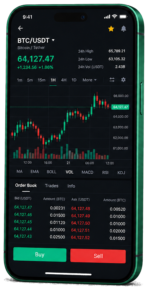 Piattaforma NovarisCapital su dispositivi mobili — grafico BTC/USDT live, book ordini e pannello acquisto/vendita
